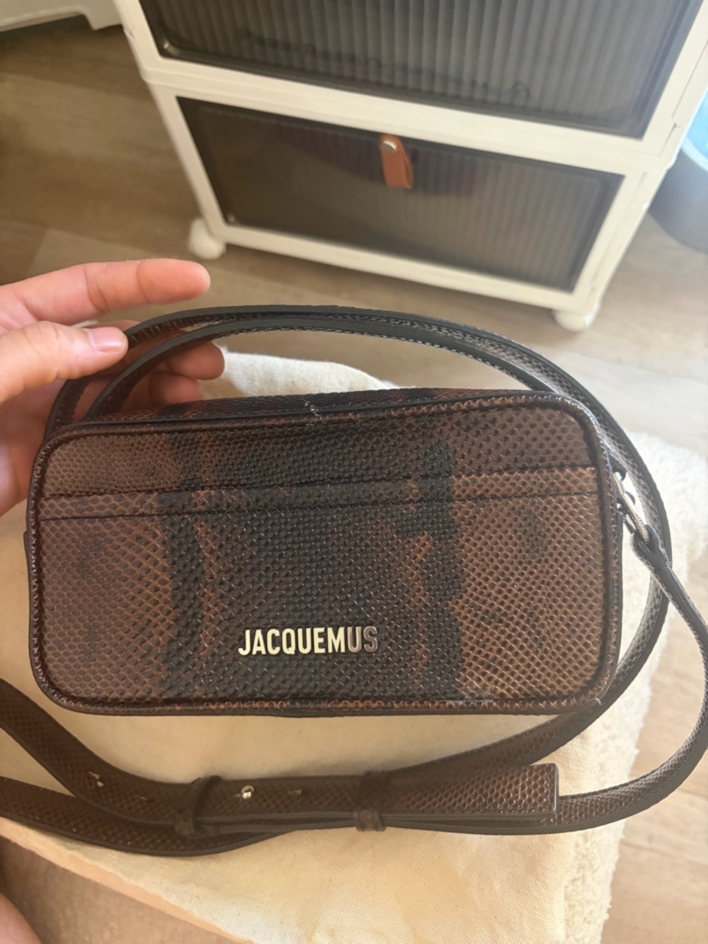 Jacquemus Brown Textured Leather Mini Crossbody Bag with Gold Logo